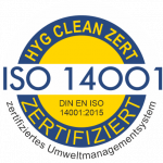 Rundes Zertifizierungslogo „ISO 14001:2015“ des Umweltmanagementsystems – HYG Clean zertifiziertes Unternehmen