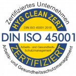 Rundes Zertifizierungslogo „DIN ISO 45001:2018“ für Arbeitsschutz und Gesundheitsschutzmanagement – HYG Clean zertifiziertes Unternehmen