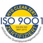 Rundes Zertifizierungslogo „ISO 9001:2015“ für Qualitätsmanagement – HYG Clean zertifiziertes Qualitätsmanagementsystem
