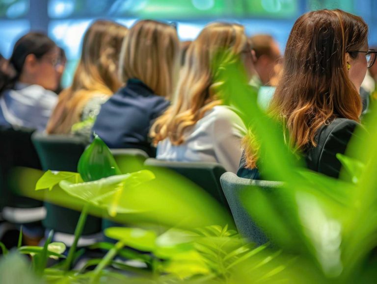 Grüne Pflanzenblätter im Vordergrund, dahinter Teilnehmer in einem Seminar – nachhaltige Reinigung, Reinigungsseminare und Führungskräfte